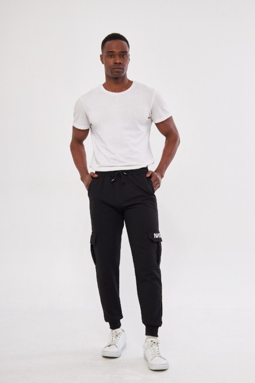 Nasa Baskılı Kargo Cepli Siyah Eşofman Altı